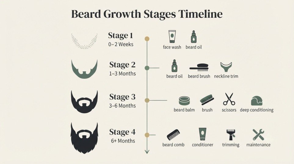 Infographic showing the four beard growth stages and the recommended grooming routine from stubble to a full beard.