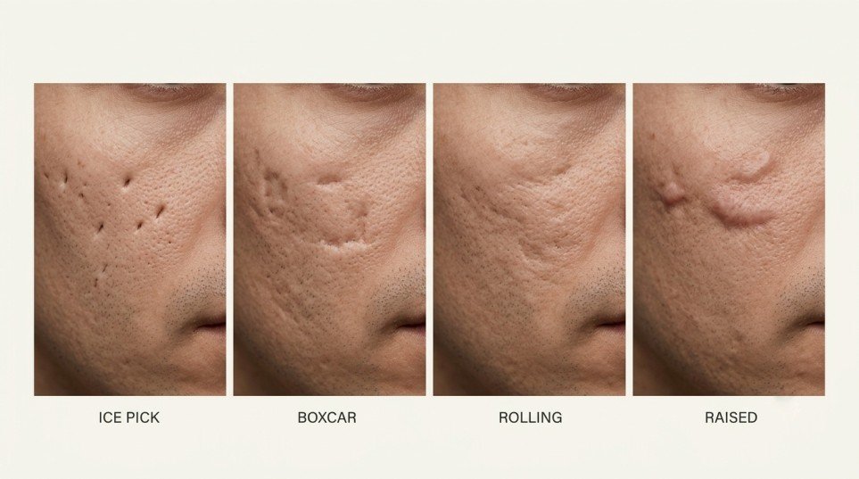 Four types of acne scars on male facial skin: ice pick, boxcar, rolling, and raised scars