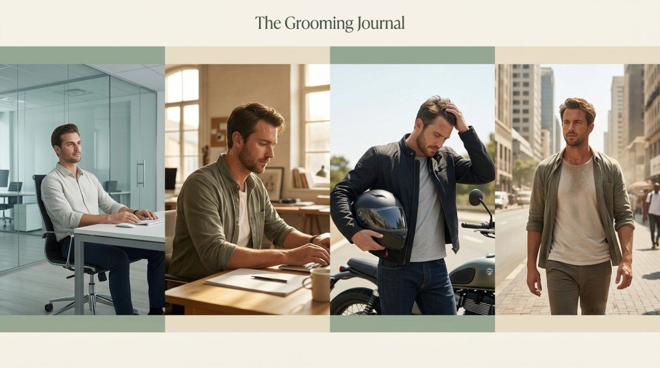 Men in different work and outdoor environments affecting hair washing needs
