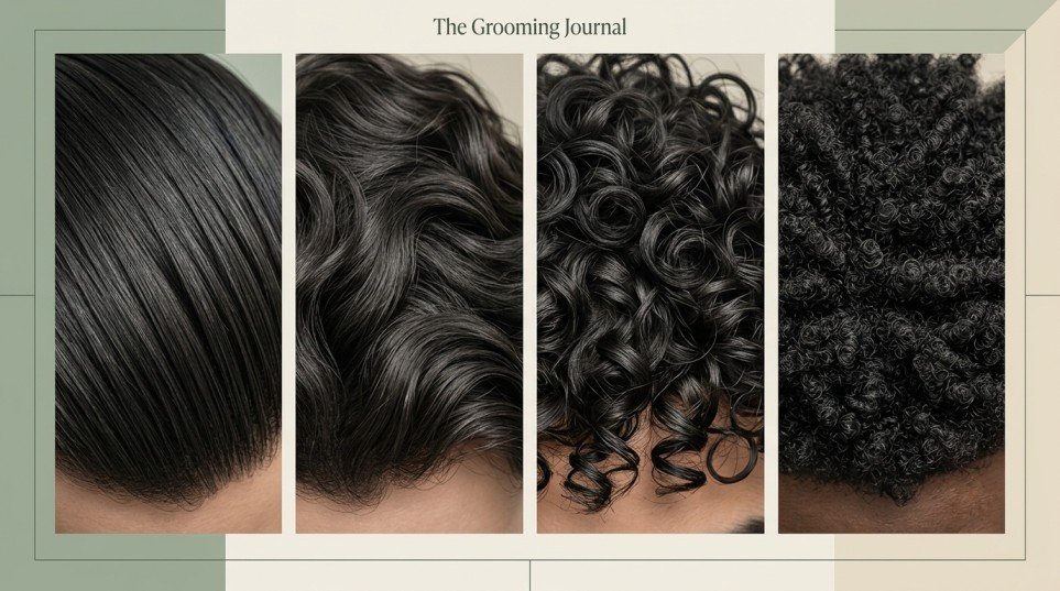 Male hair types showing straight, wavy, curly, and coarse hair