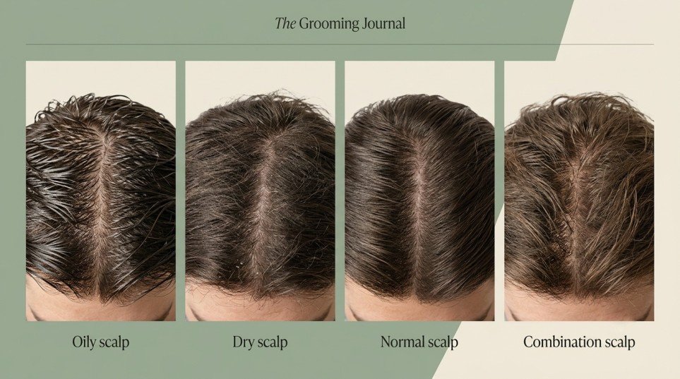 Four male scalp types showing oily, dry, normal, and combination scalp