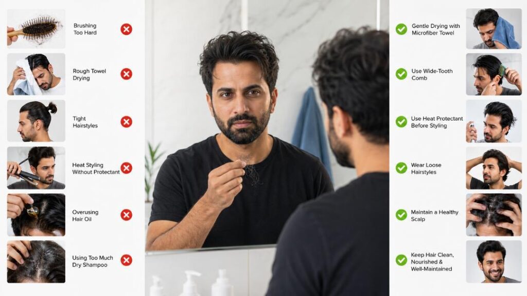 Men looking into the mirror and holding few hair in his hand. This image showing 6 mistake and their fixes for hairfall