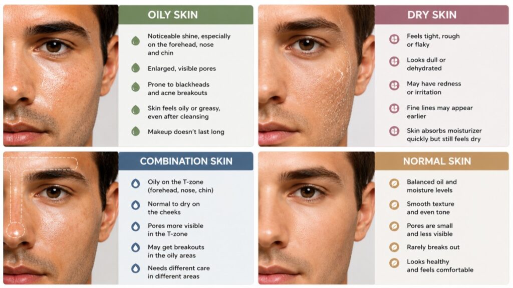 Infographic comparing oily, dry, combination, and normal skin types with their common signs.