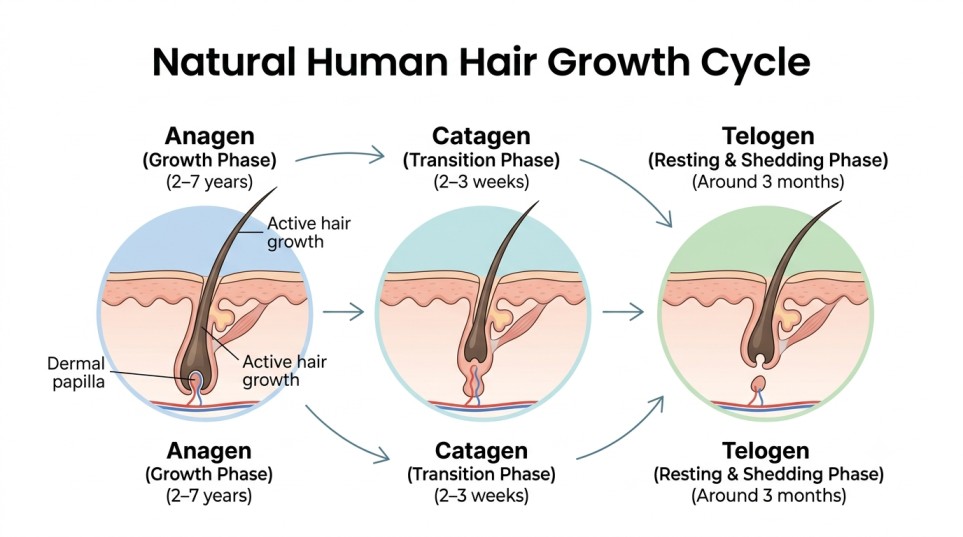 Diagram showing the three stages of the human hair growth cycle: anagen, catagen, and telogen