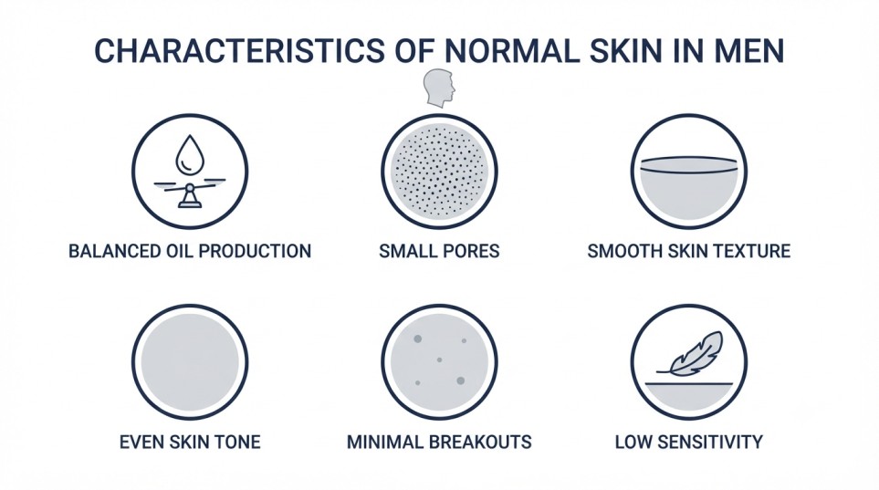 Characteristics of normal skin in men including balanced oil, small pores, and even skin tone