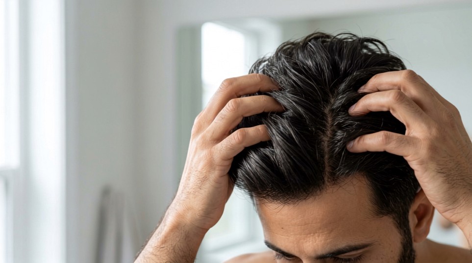 Person gently massaging their scalp to support healthy natural hair growth.