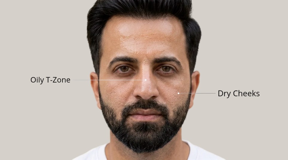 Man with combination skin showing an oily T-zone and normal-to-dry cheeks