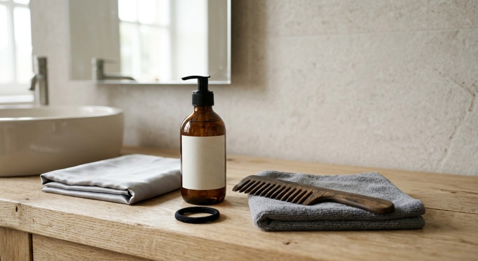 Hair care essentials including a shampoo bottle, wide-tooth comb, folded towel, satin pillowcase, and fabric hair tie for healthier hair