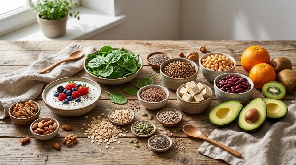Vegetarian foods rich in protein, iron, zinc, and healthy fats that support healthy hair growth