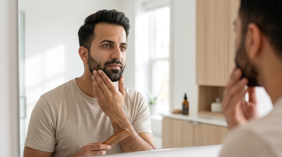 Man with a naturally patchy beard grooming his facial hair while learning how to grow a fuller beard.