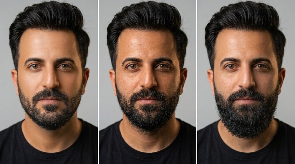 Comparison of mild patchy, moderate patchy, and full beard growth patterns on the same man.