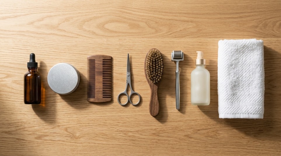Essential beard grooming products including beard oil, balm, comb, brush, derma roller, and scissors.