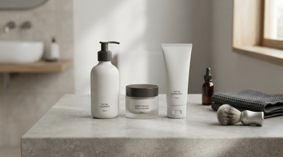 Normal skin care routine for men with cleanser, moisturizer, and sunscreen