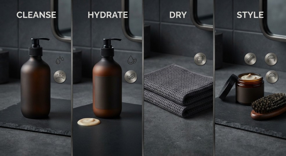 Men's hair care routine illustration showing shampoo conditioner drying and styling steps