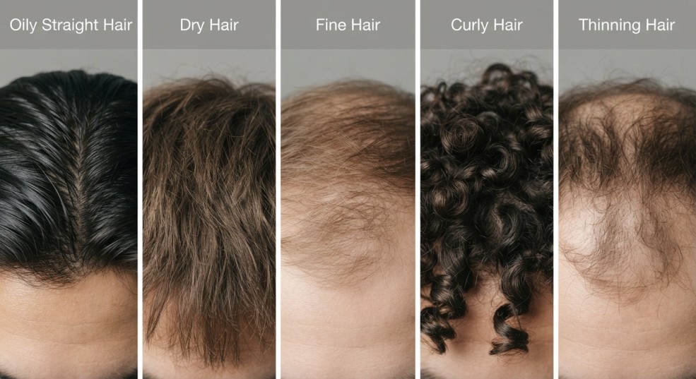 Men's hair type guide infographic showing oily dry fine curly and thinning hair categories