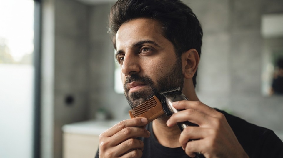 Man trimming a clean, dry beard correctly with a beard trimmer and wooden beard comb.