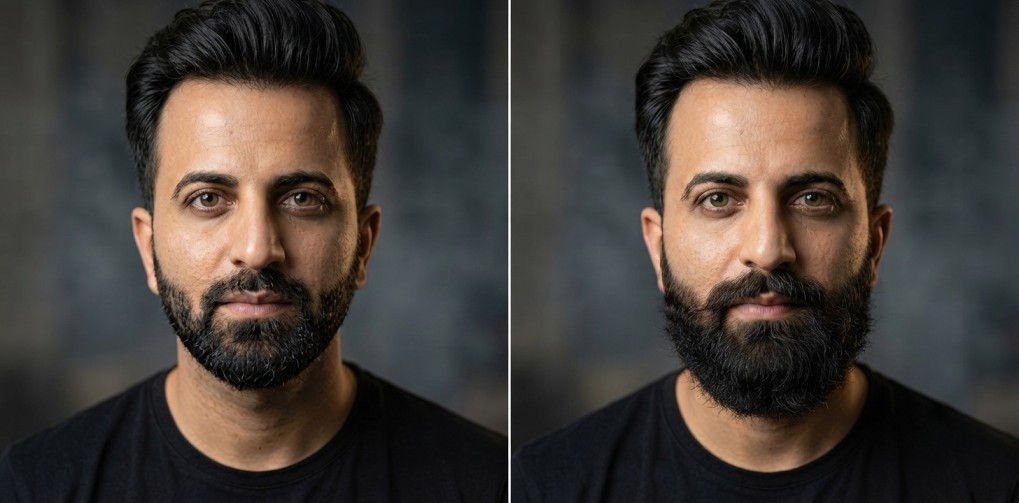 Side-by-side comparison showing natural beard growth from four weeks to twelve weeks.