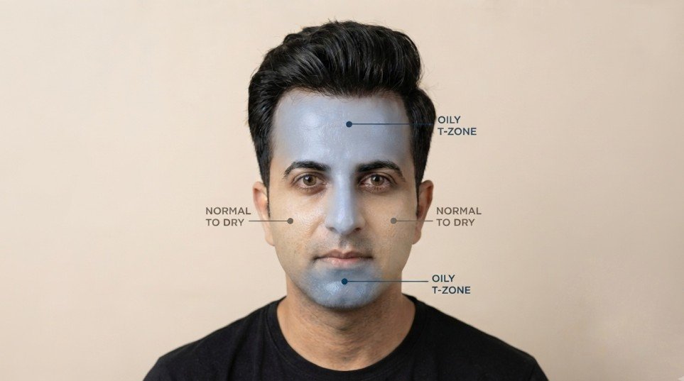 Diagram showing the oily T-zone and normal-to-dry cheeks on a man's face.