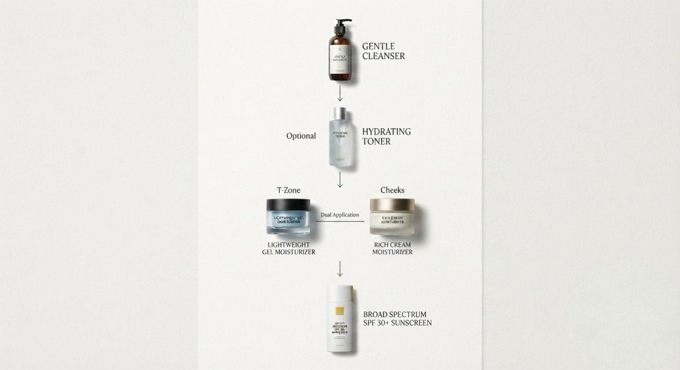 Flowchart showing the correct morning skincare routine for combination skin.
