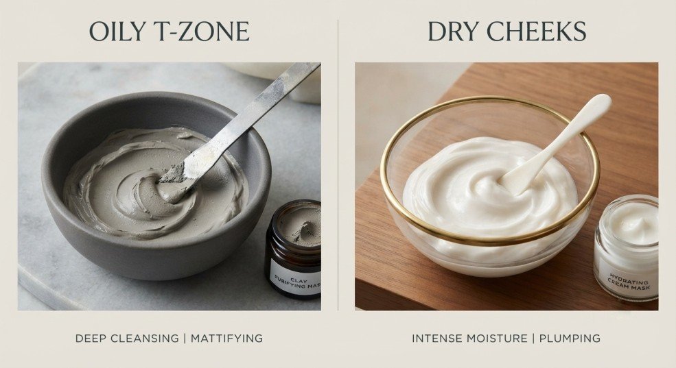 Educational comparison showing weekly clay mask for the T-zone and hydrating mask for the cheeks.