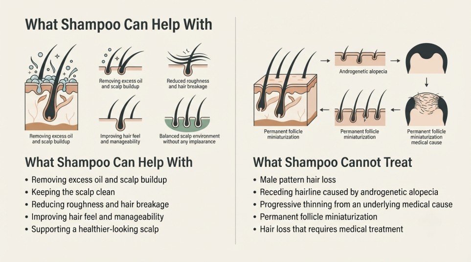 What shampoo can and cannot do for hair fall in men, including scalp cleansing, breakage support, and limitations for progressive hair loss.