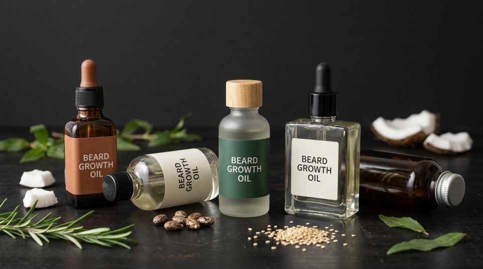 Five different beard growth oil bottles arranged with natural beard-care ingredients on a dark background.