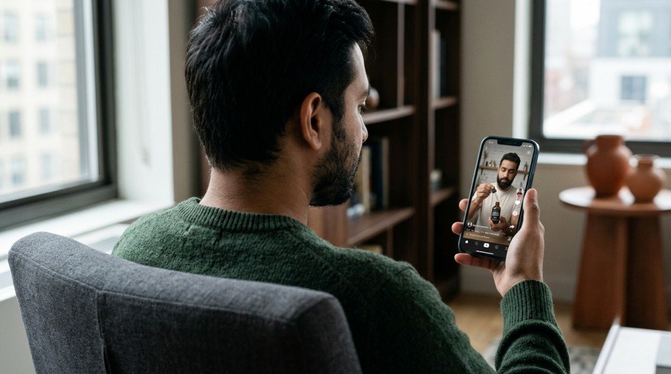 Man with a patchy beard watching a beard growth oil reel on his smartphone.