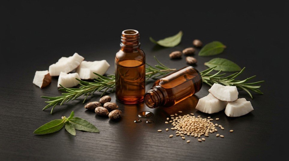 Beard growth oil bottle surrounded by coconut, castor seeds, sesame, rosemary and bhringraj ingredients on a dark background.