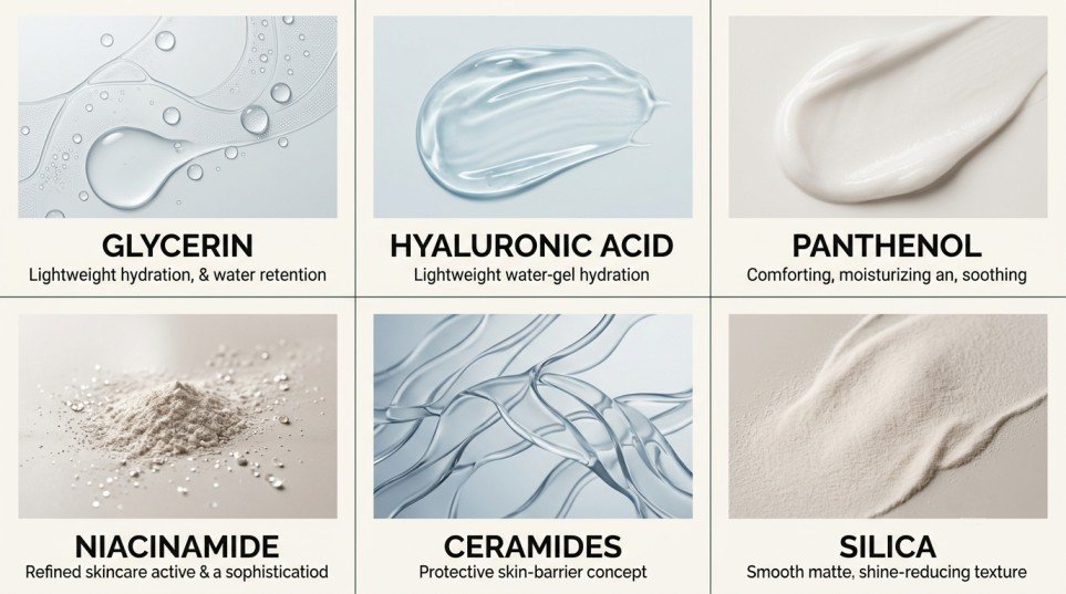 Six skincare ingredients for oily skin: glycerin, hyaluronic acid, panthenol, niacinamide, ceramides, and silica