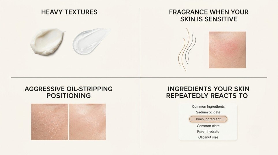 Moisturizer factors to approach with caution for
oily skin, including heavy textures, fragrance
sensitivity, aggressive oil stripping, and personal
ingredient reactions