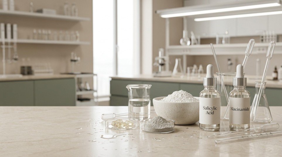 Key ingredients used in face washes for oily skin, including salicylic acid, niacinamide, and kaolin clay.