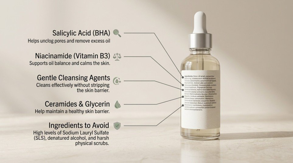 Illustration showing how to read a face wash ingredient label for oily skin.