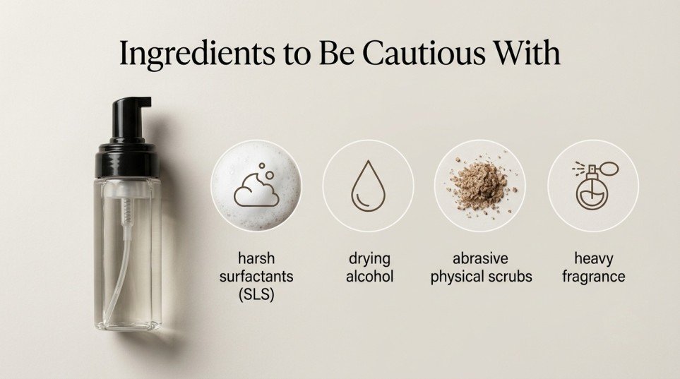 Skincare ingredients to be cautious with for oily skin, including harsh surfactants, drying alcohol, abrasive scrubs, and heavy fragrance
