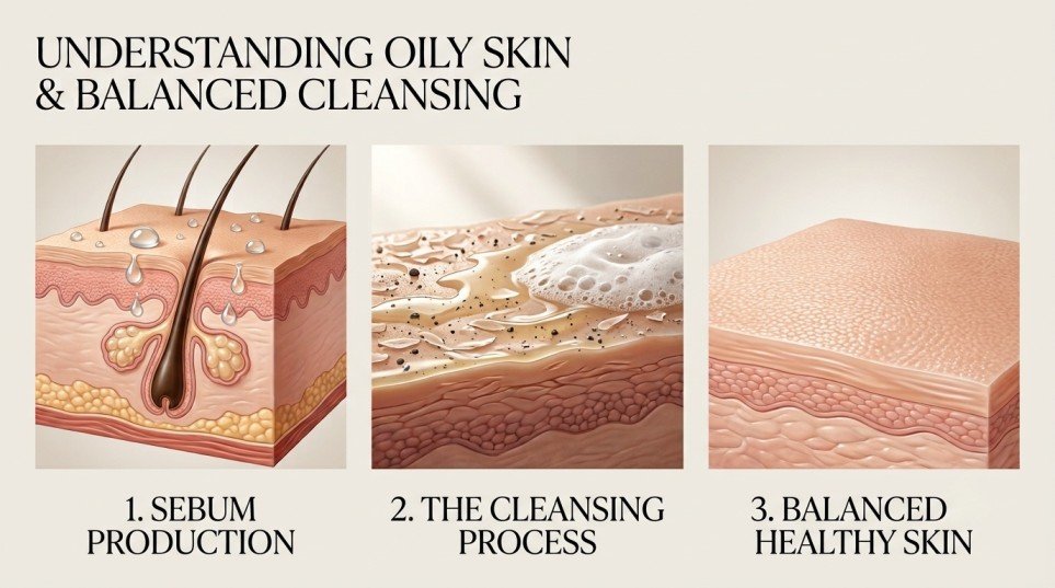 Illustration explaining how oily skin produces sebum and how a gentle face wash removes excess oil while maintaining skin balance