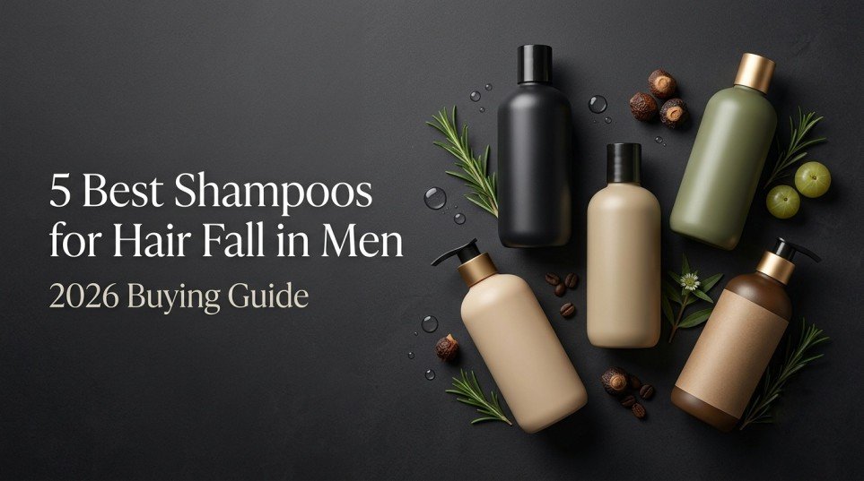 Five shampoo bottles for hair fall in men on a premium editorial background with 2026 buying guide