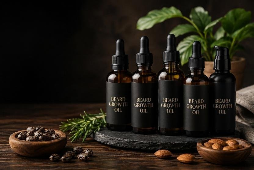 Five beard growth oil bottles with natural ingredients arranged in a premium editorial product photograph.
