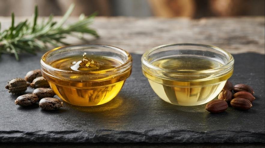 Castor oil and jojoba oil with their natural ingredients in a close-up editorial photograph.