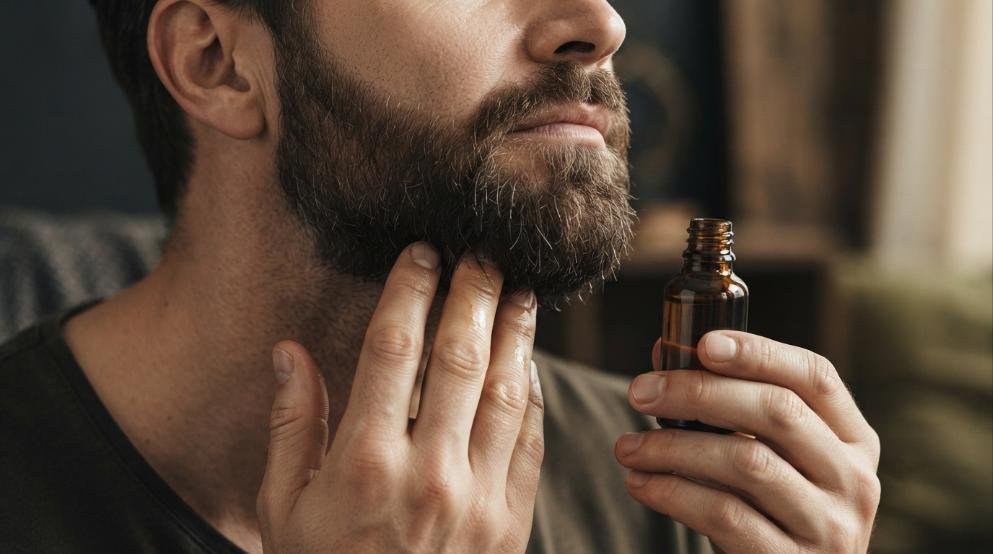 Man applying beard oil through his beard with his fingers while holding an amber beard oil bottle.