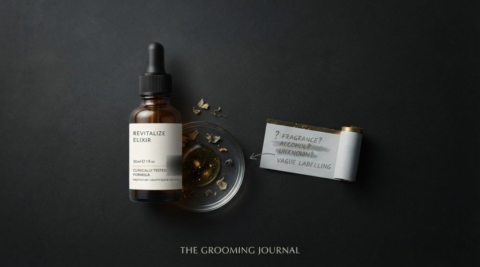 Hair growth serum with unclear labeling and questionable marketing claims