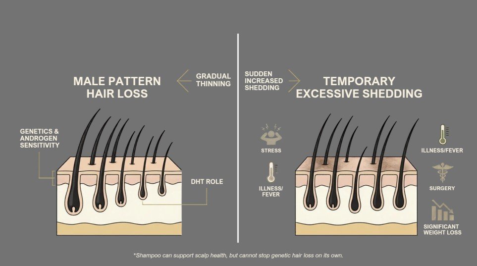 Infographic comparing male pattern hair loss and temporary hair shedding in men