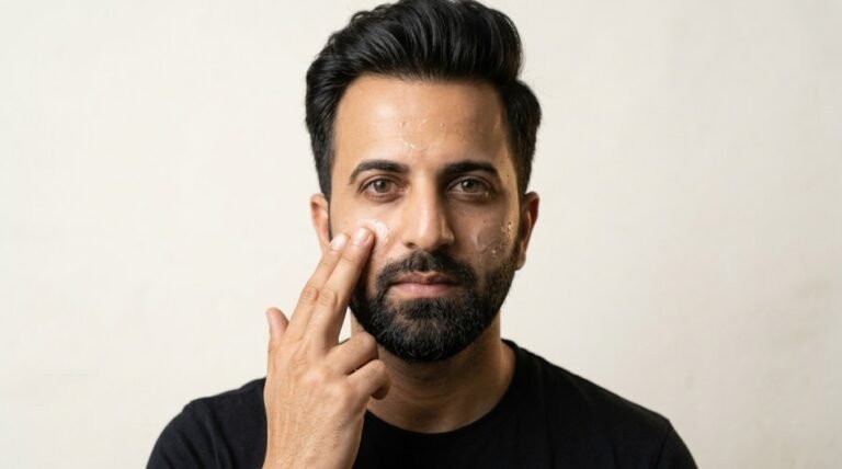 Men applying sunscreen with fingertips