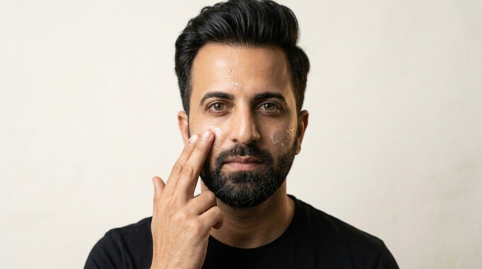 Men applying sunscreen with fingertips