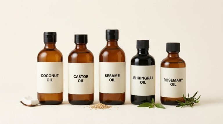 Hair oils for hair fall, including coconut, castor, sesame, bhringraj and rosemary oils