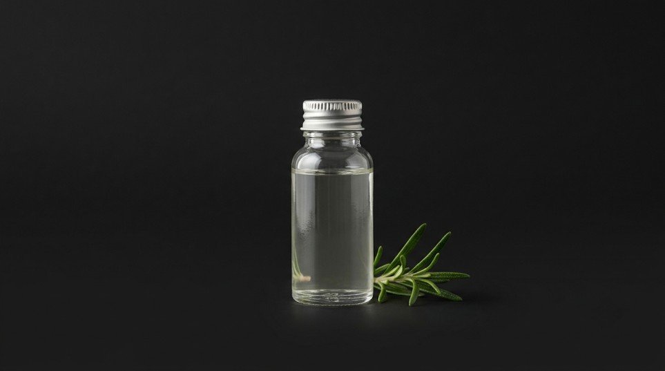 Small unbranded glass bottle of rosemary essential oil with a rosemary sprig on a charcoal background