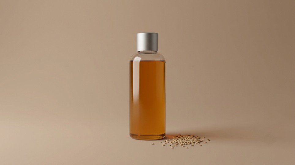 Unbranded glass bottle of sesame oil with sesame seeds on a warm beige background