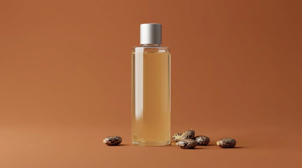 Unbranded glass bottle of castor oil with castor beans on a terracotta background
