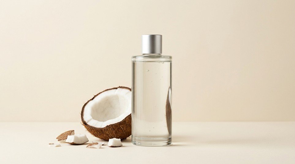 Unbranded glass bottle of coconut oil with coconut pieces on a warm ivory background
