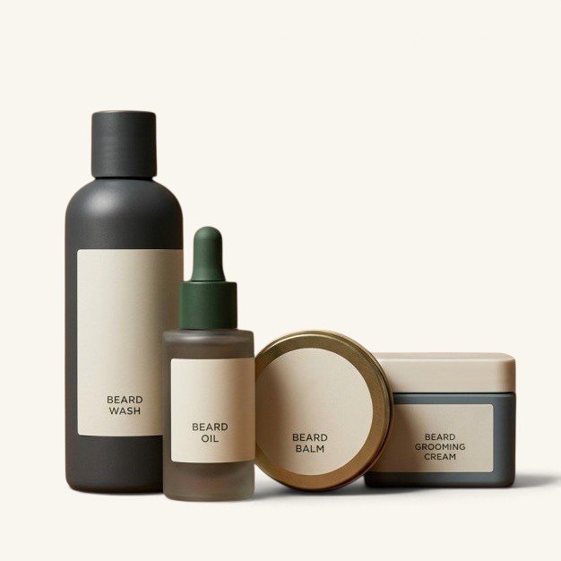 Beard care products in ivory background 