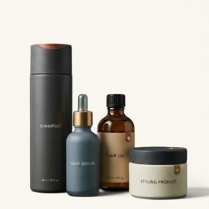 Hair care products in ivory background 