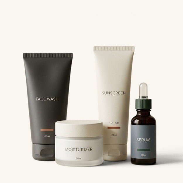 Skincare products in ivory background 